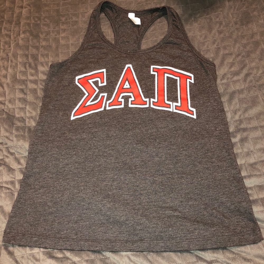 Gray Racerback Tank Top with Red Lettering